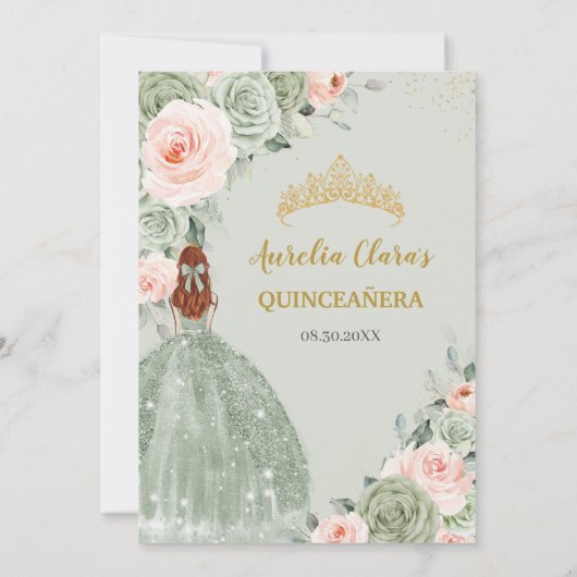 Invitation Sage Vert Blush Floral Or Quinceañera Sweet 16 (Dos)
