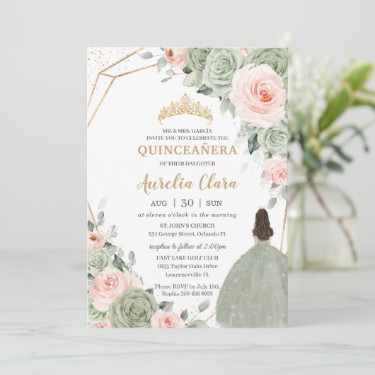 Invitation Sage Vert Blush Floral Or Quinceañera Sweet 16 (Debout devant)