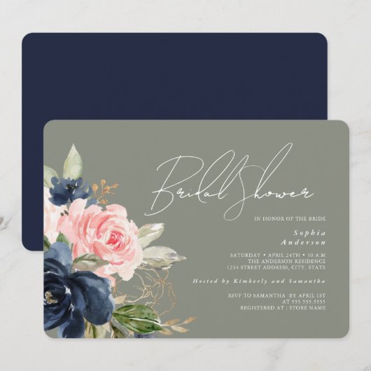 Invitation Sage Vert Blush Navy Fleurs Mariage (Devant / Derrière)