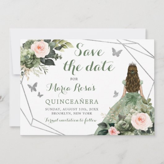 Invitation Sage Vert Blush rose Floral Quinceañera (Devant)