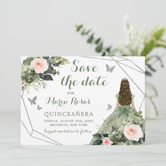 Invitation Sage Vert Blush rose Floral Quinceañera (Debout devant)