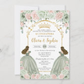 Invitation Sage Vert Blush rose Floral Twins Quinceañera (Devant)