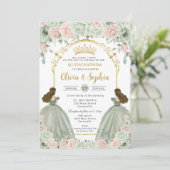 Invitation Sage Vert Blush rose Floral Twins Quinceañera (Debout devant)