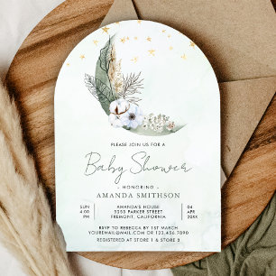 Invitation Sage Vert Bohème Fleurs Lune Arche Baby Shower