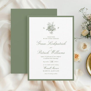 Invitation Sage Vert Bordure Classique Monogramme Mariage