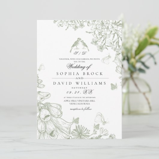 Invitation Sage Vert Classique Toile Fleurs Mariage  (Debout devant)