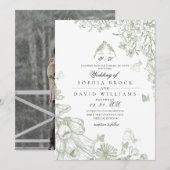 Invitation Sage Vert Classique Toile Fleurs Mariage  (Devant / Derrière)