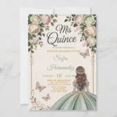 Invitation Sage Vert Couronne Dorée Papillon 15e Anniversaire (Devant)