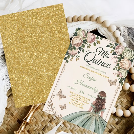 Invitation Sage Vert Couronne Dorée Papillon 15e Anniversaire