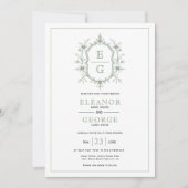 Invitation Sage vert crête florale monogramme Code QR mariage (Devant)