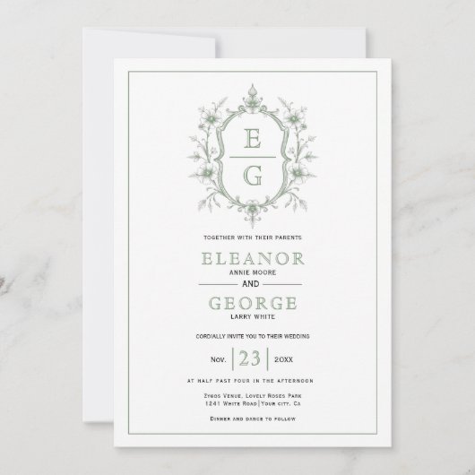 Invitation Sage vert crête florale monogramme Code QR mariage (Devant)