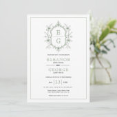 Invitation Sage vert crête florale monogramme Code QR mariage (Debout devant)