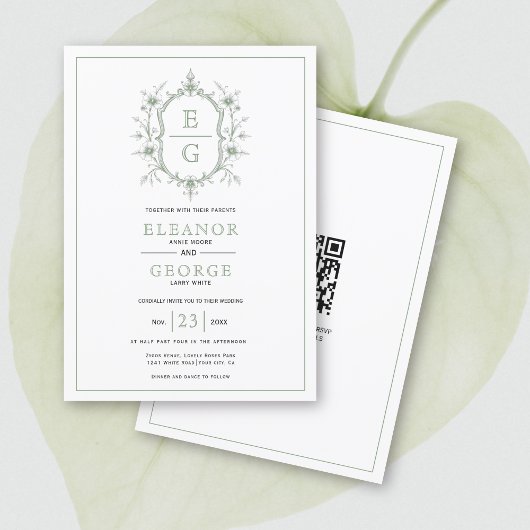 Invitation Sage vert crête florale monogramme Code QR mariage