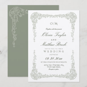 Invitation Sage Vert Élégant Cadre Floral Mariage