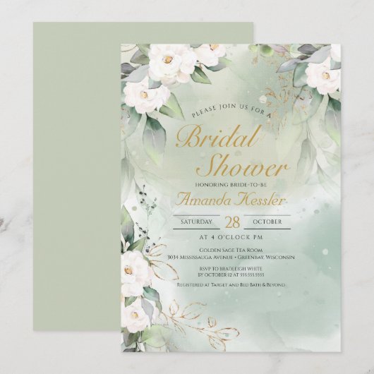 Invitation Sage Vert et blanc Floral Élégante Fête des mariée (Devant / Derrière)