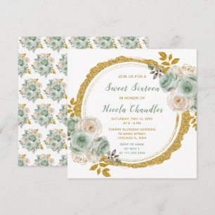Invitation Sage Vert et or Elegant Fleurs Sweet sixteen