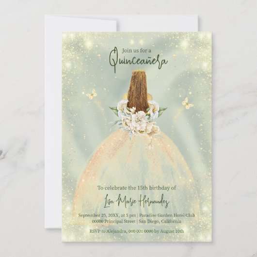 Invitation Sage Vert Et Rose D'Or Élégant Quinceañera (Devant)
