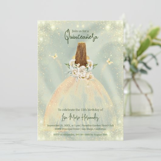 Invitation Sage Vert Et Rose D'Or Élégant Quinceañera (Debout devant)