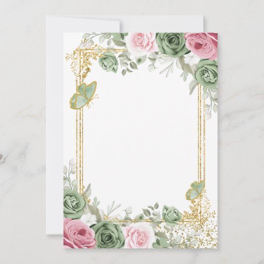 Invitation Sage Vert et rose papillon floral 80e anniversaire (Dos)