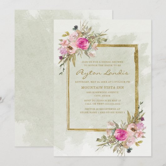 Invitation Sage vert feuilles rose violet or Shower de mariag (Devant / Derrière)