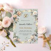 Invitation Sage vert fleuron jaune or anniversaire