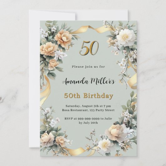 Invitation Sage vert fleuron jaune or anniversaire (Devant)