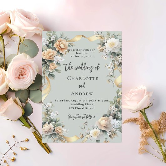 Invitation Sage vert fleuron jaune or mariage