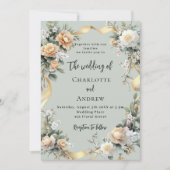 Invitation Sage vert fleuron jaune or mariage (Devant)