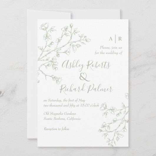 Invitation Sage vert fleurs QR code monochrome mariage (Devant)