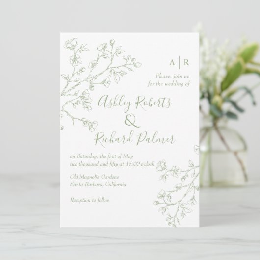 Invitation Sage vert fleurs QR code monochrome mariage (Debout devant)