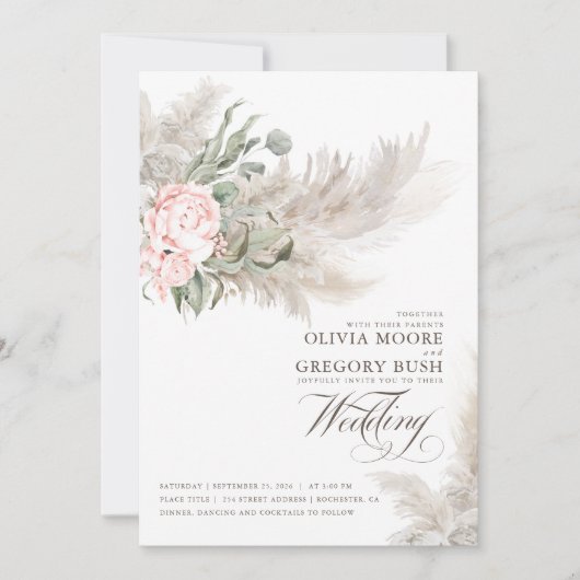 Invitation Sage Vert Fleurs Roses Pampas Mariage Grass (Devant)