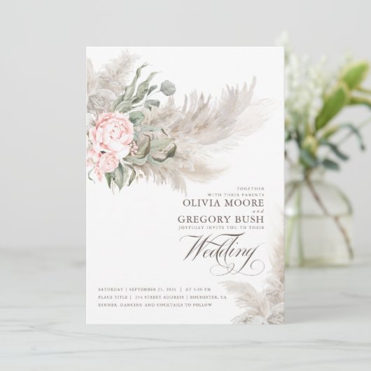 Invitation Sage Vert Fleurs Roses Pampas Mariage Grass (Debout devant)