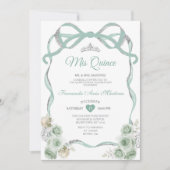 Invitation Sage Vert Floral Bow Ribbon Argent Mis Quince (Devant)