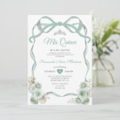 Invitation Sage Vert Floral Bow Ribbon Argent Mis Quince (Debout devant)