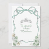 Invitation Sage Vert Floral Bow Ribbon Argent Mis Quince (Dos)