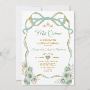 Invitation Sage Vert Floral Bow Ribbon Or Couronne Mis Quince