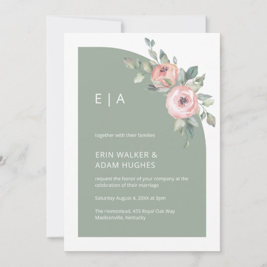 Invitation Sage vert Floral Monogramme Mariage demi-arc (Devant)