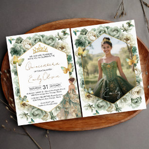 Invitation Sage Vert Floral Papillon Photo Quinceañera