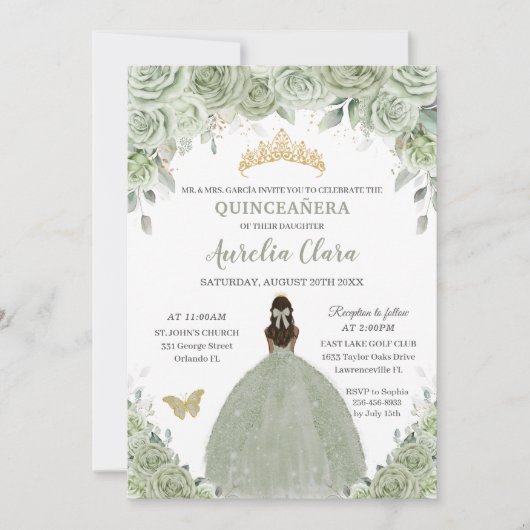 Invitation Sage Vert Floral Tan Brown Princesse Quinceañera (Devant)