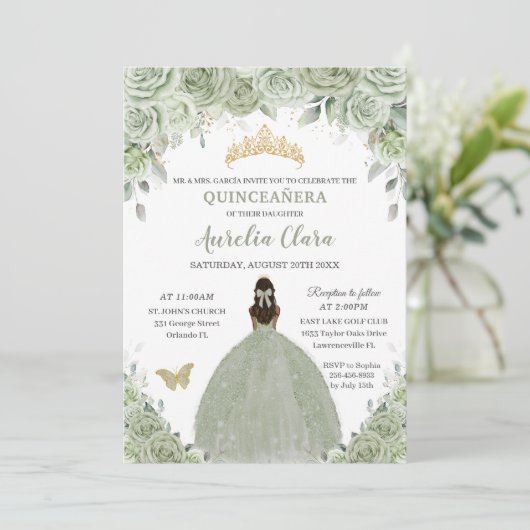 Invitation Sage Vert Floral Tan Brown Princesse Quinceañera (Debout devant)