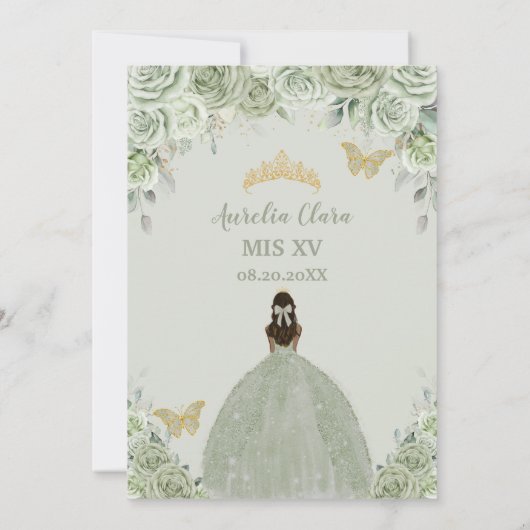Invitation Sage Vert Floral Tan Brown Princesse Quinceañera (Dos)