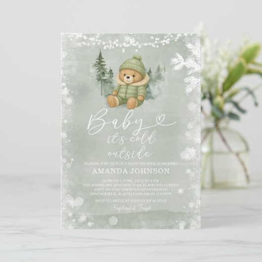 Invitation Sage Vert hiver Garçon ours Bébé Il fait froid deh (Debout devant)