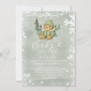 Invitation Sage Vert hiver Garçon ours Bébé Il fait froid deh
