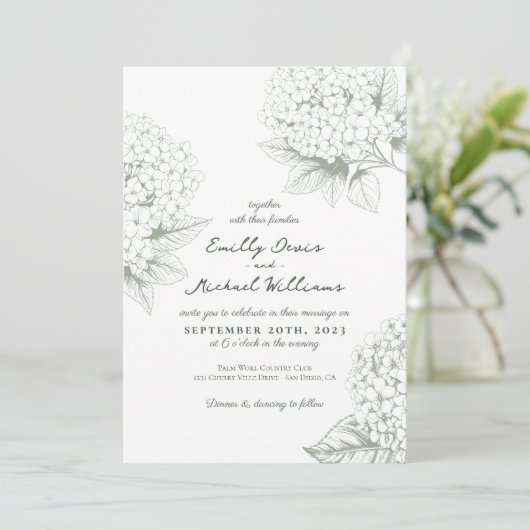Invitation Sage vert Hydrangea Floral Mariage (Debout devant)