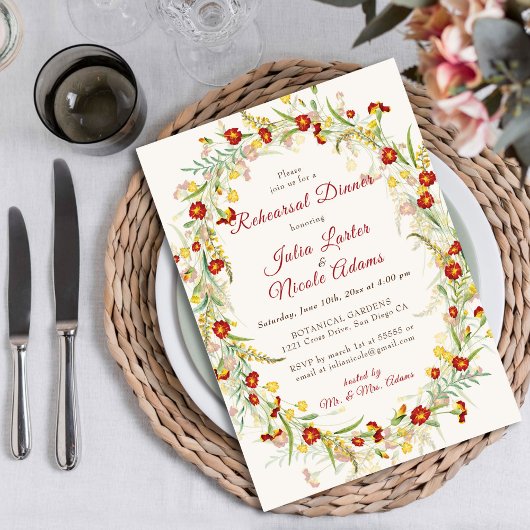 Invitation Sage Vert Jaune Fleur Sauvage Dîner de Répétition