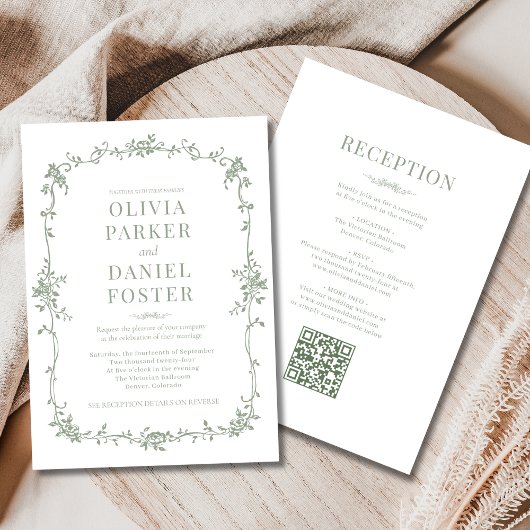 Invitation Sage Vert Mariage Victorien QR Code Tout-en-un