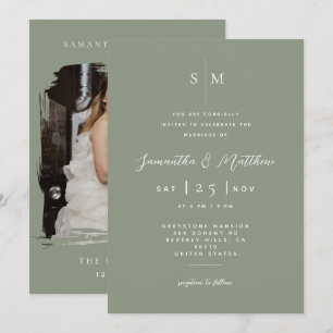 Invitation Sage Vert & Minimaliste Blanc Photo Mariage