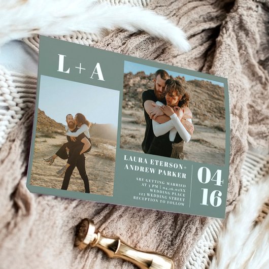 Invitation Sage vert minimaliste initiales 2 photos mariage