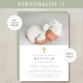 Invitation Sage Vert moderne Croix religieuse Photo Baptême