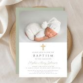 Invitation Sage Vert moderne Croix religieuse Photo Baptême